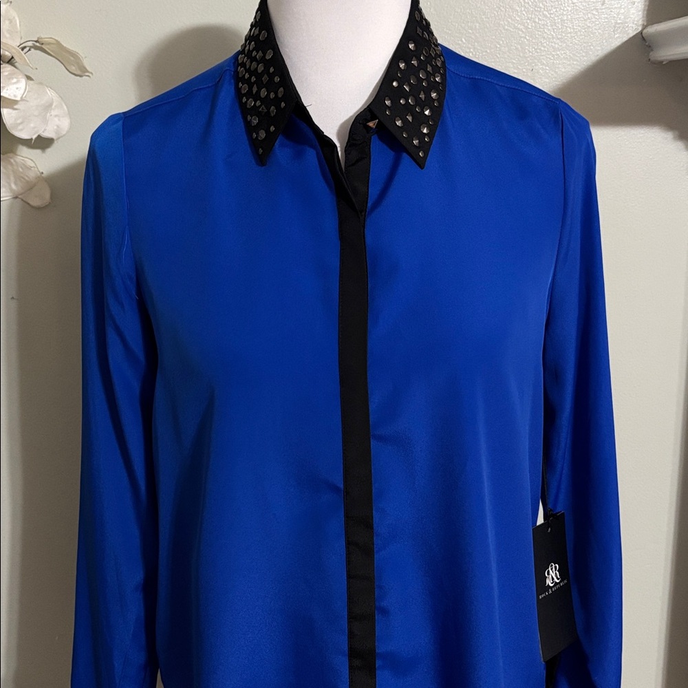 Rock & Republic Blue Button Down Shirt Black Studded Collar - Picture 2 of 6